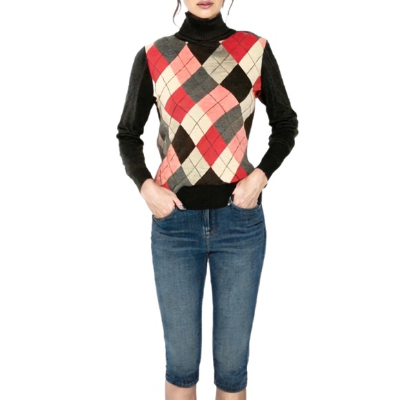 Esprit Vintage Charcoal Grey Argyle Lightweight Turtleneck Sweater Size XS - Picture 2 of 6